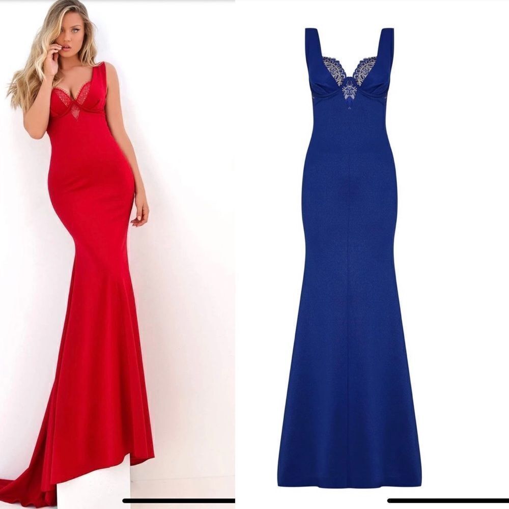 NEW Tarik Ediz Lace bustier long mermaid maxi gown royal blue 50684 size 8
